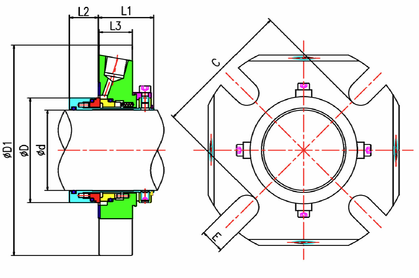 Section view of single cartridge seal with machined gland.